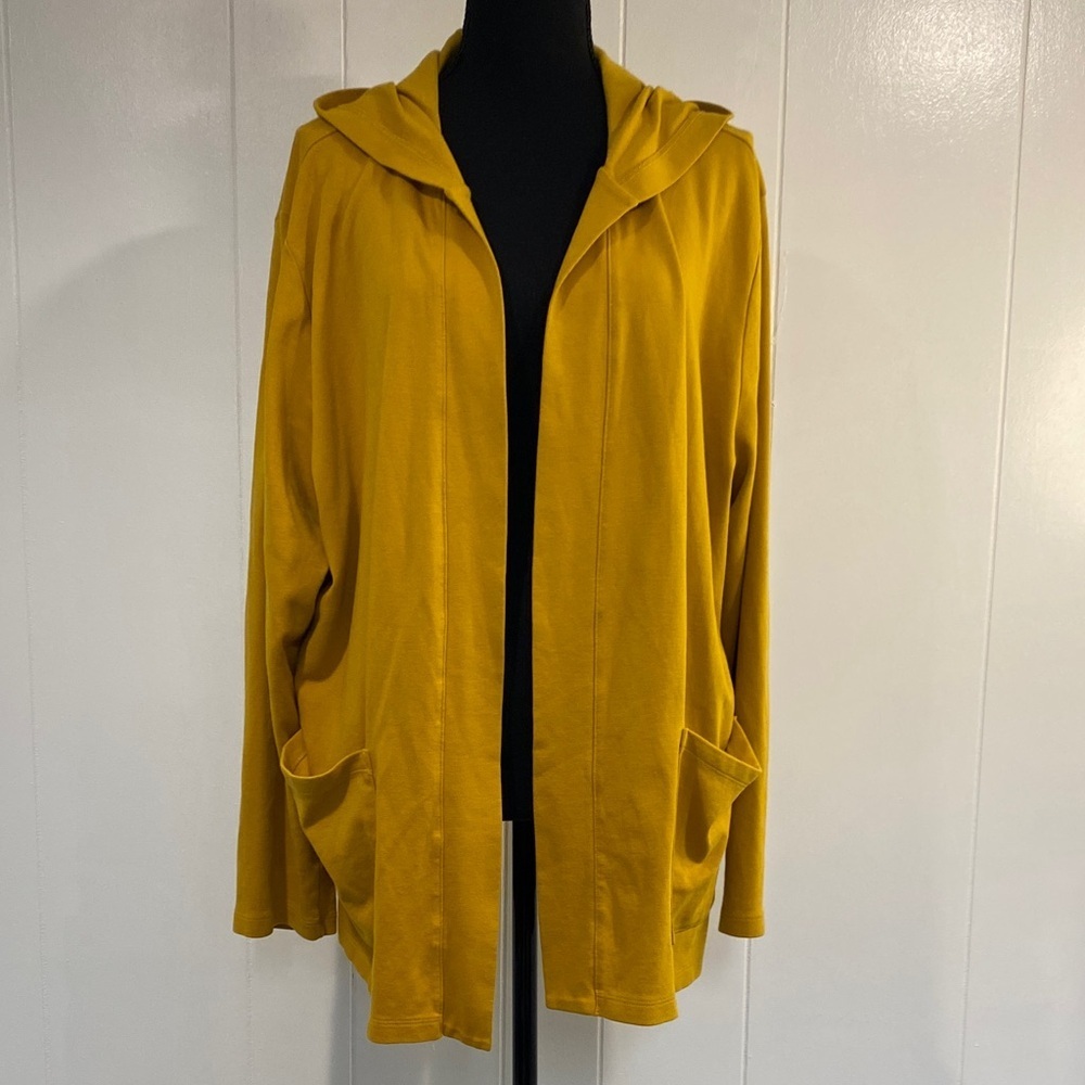Pima Cotton Cardigan Jacket Hooded Open-Front Lounge Athleisure Gold Yellow 2X
